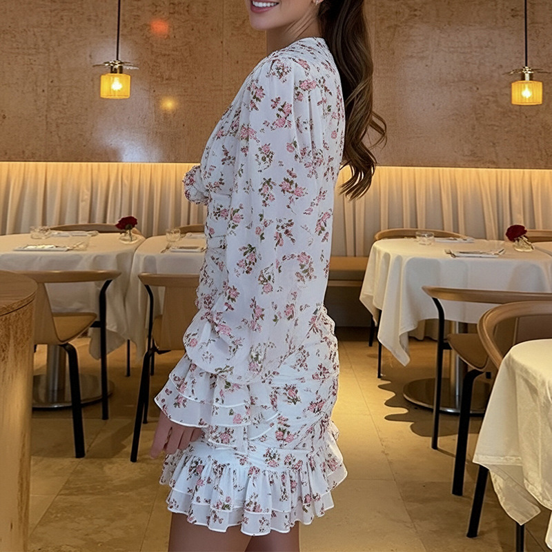 French Sweet Floral Ruffle Slim Fit Dress