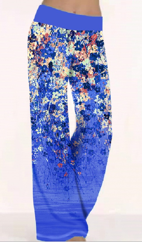 Gradient Floral Print Wide Waistband Wide-Leg Pants Lightweight Drapey Loose Fit