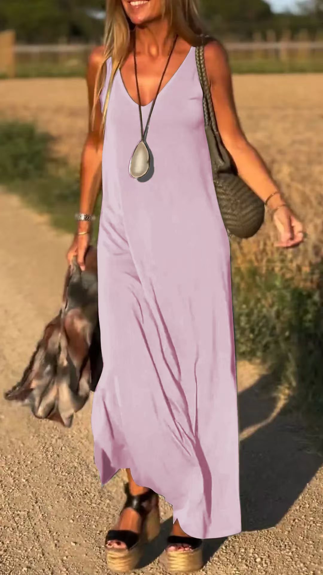 Women's V-Neck Cami Dress Sleeveless Long Slim Fit