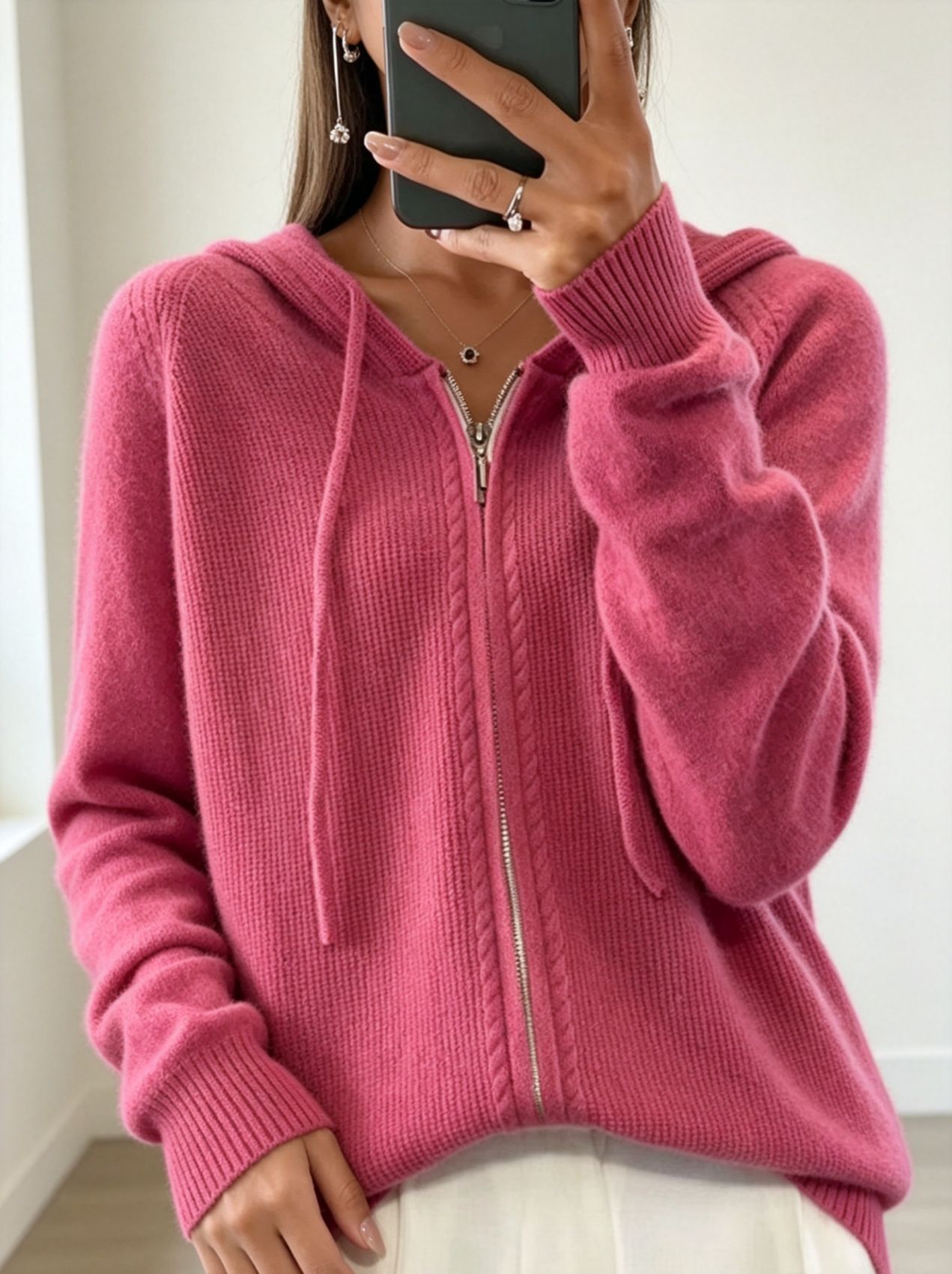 Women's Solid Hooded Faux Wool Cardigan Zip-Up Knit Sweater