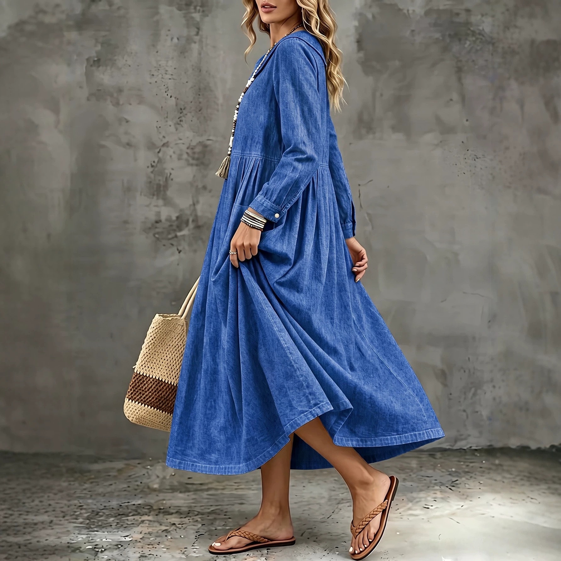 Women's Casual Loose Denim Long Sleeve Collared Midi Dress Plus Size Blue