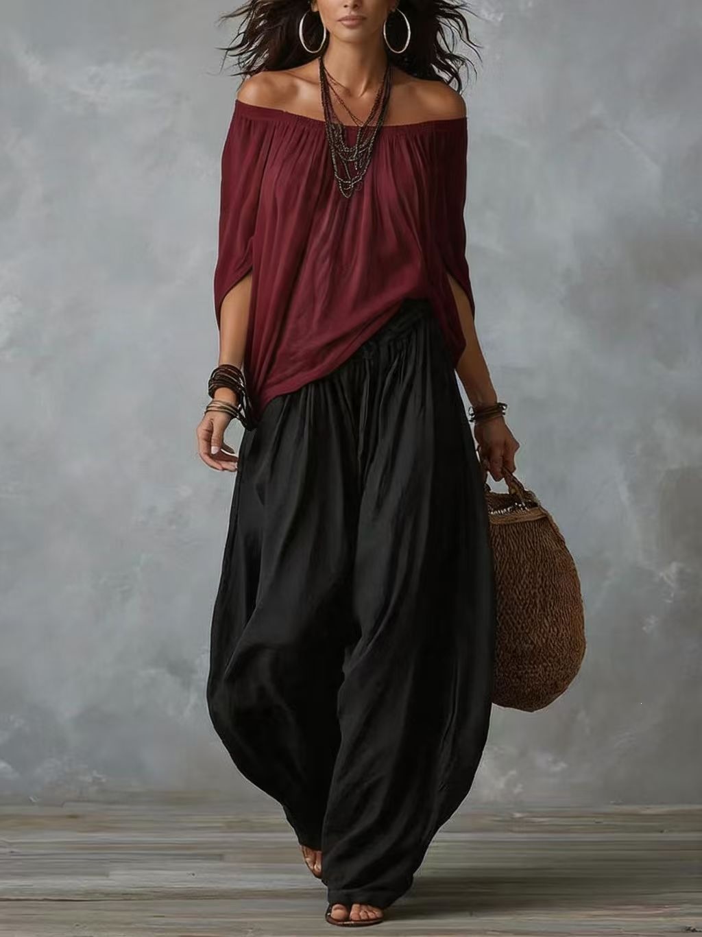 Women's Off-Shoulder Top & Wide-Leg Pants Two-Piece Set