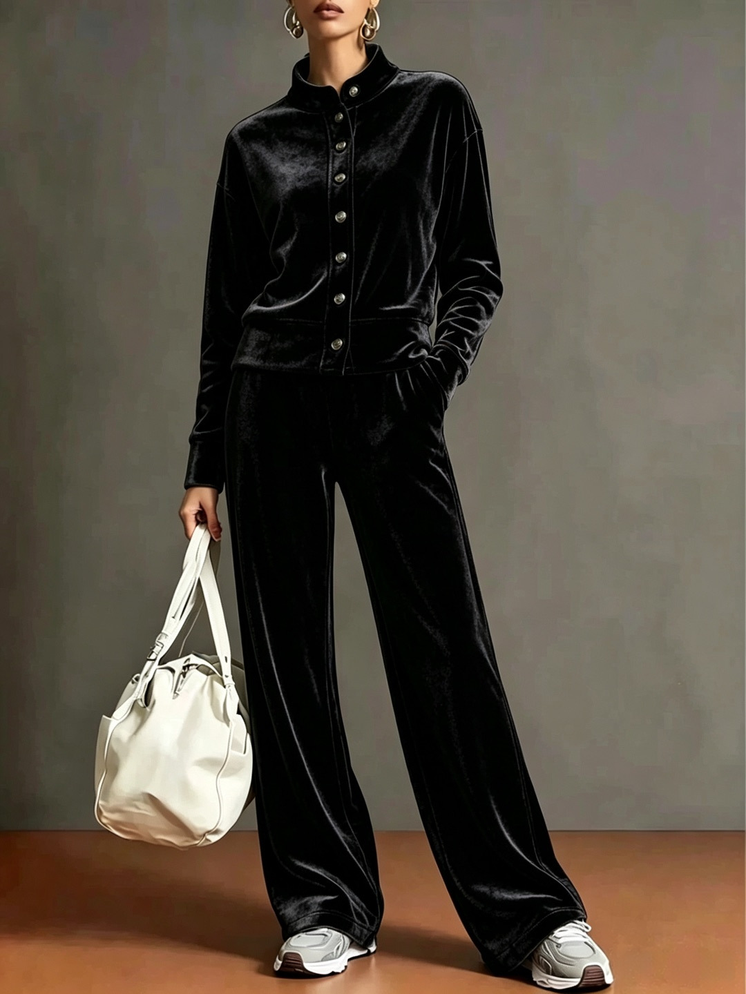 Women's Velvet Stand-Collar Cardigan Hoodie & Wide-Leg Pants Set