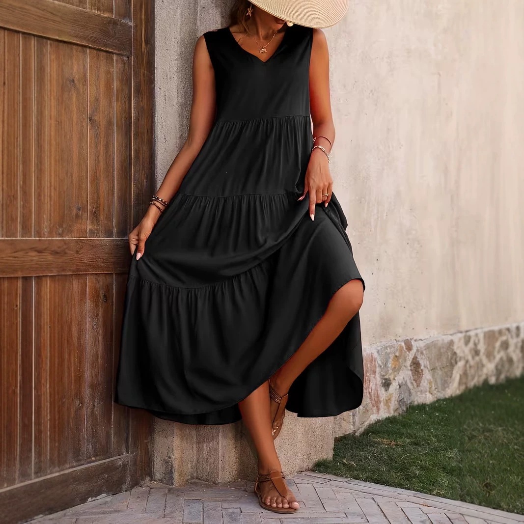 Elegant Solid V-Neck Tiered Ruffle Sleeveless Maxi Dress