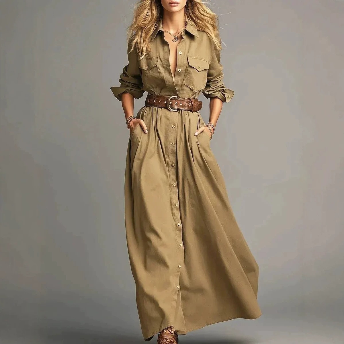 Women's Solid Color Long Sleeve Button-Front Shirt Dress