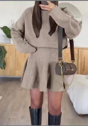 Women's Casual Two-Piece Sweater Skirt Set Stand Collar Long Sleeve