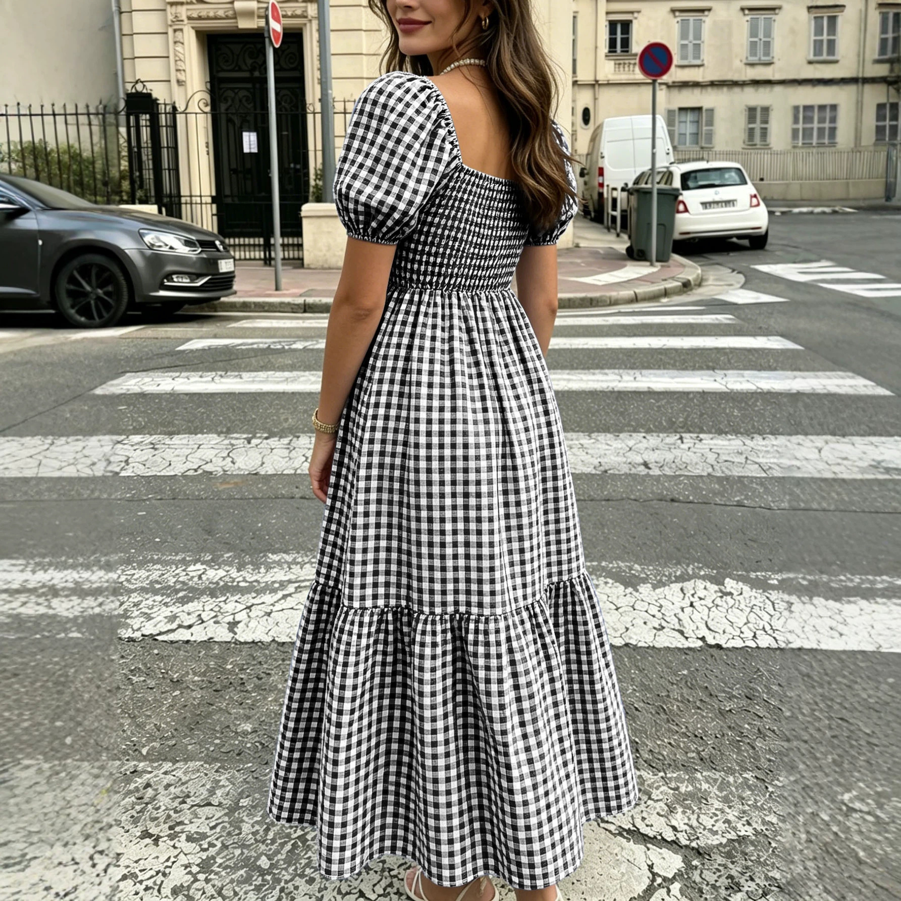 French Cottage Vichy Gingham Puff Sleeve Square Neck High Waist Tiered Midi Dress