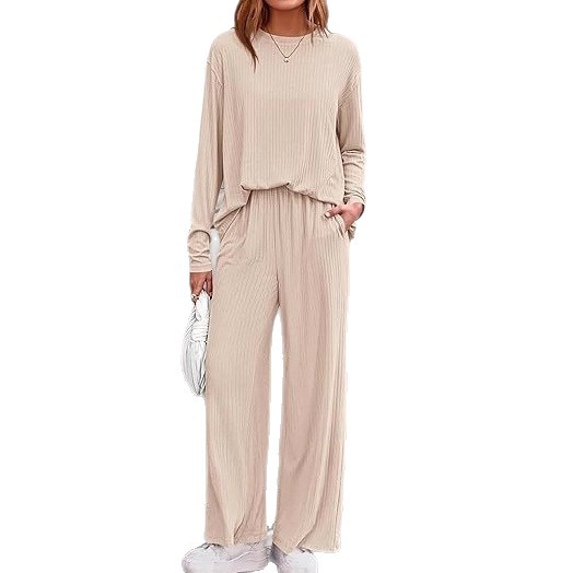 Women's Ribbed Long-Sleeve Casual Set - Urban Chic Solid Color
