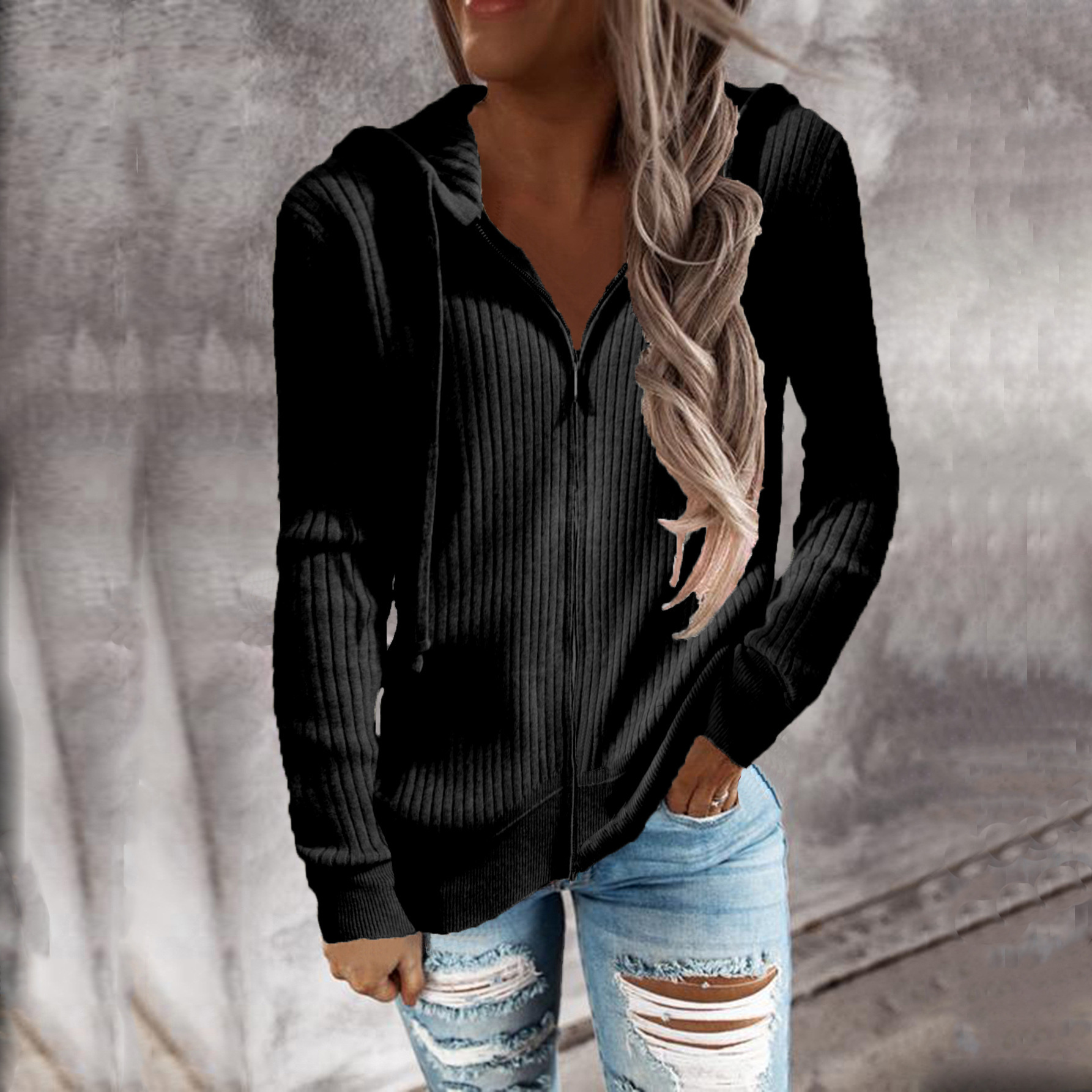 Striped Hooded Zip-Up Cardigan Sweater Women Loose Knit Long Sleeve