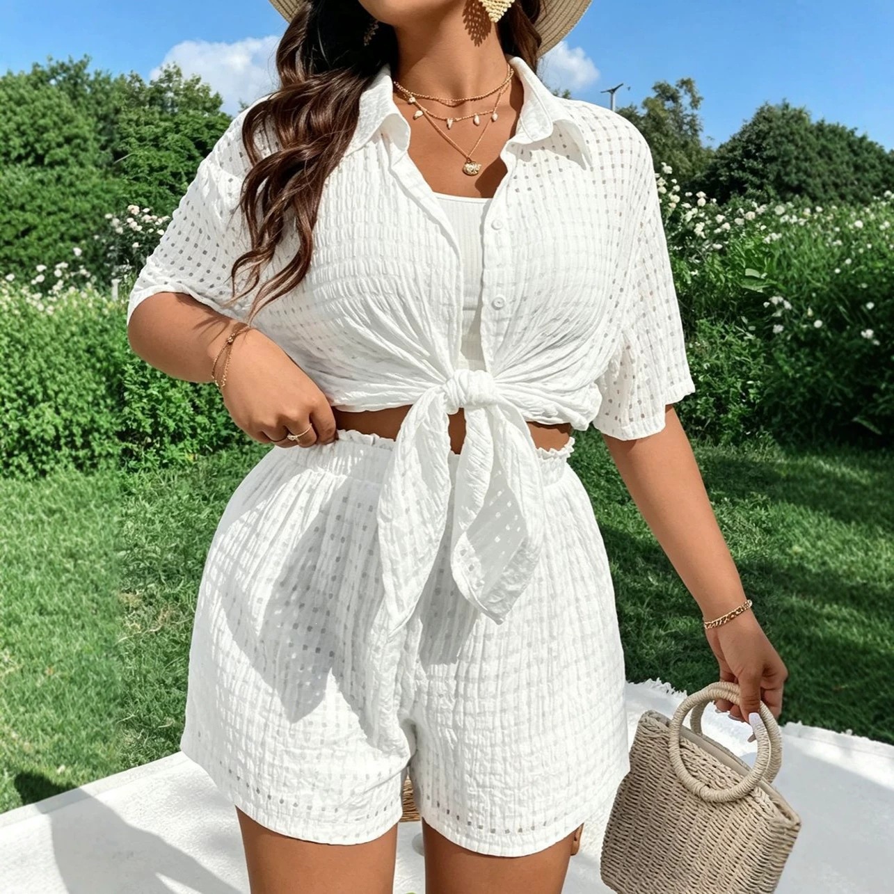Women's Plus Size Plaid & Solid Two-Piece Set – Short Sleeve Open-Front Top and Shorts, Breathable Casual