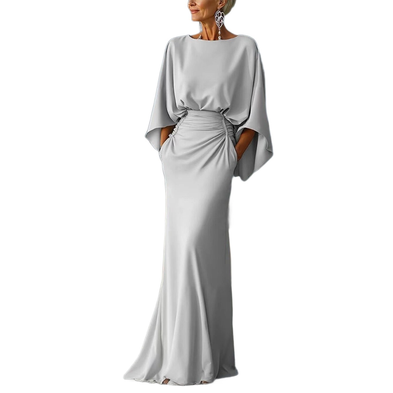 Elegant Open-Back Ruched Long Dress with Pockets