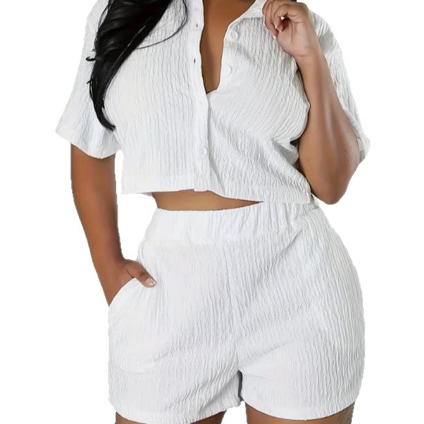 Women's Loose Casual Short-Sleeve Button-Down Shirt & Pleated Wide-Leg Shorts Set
