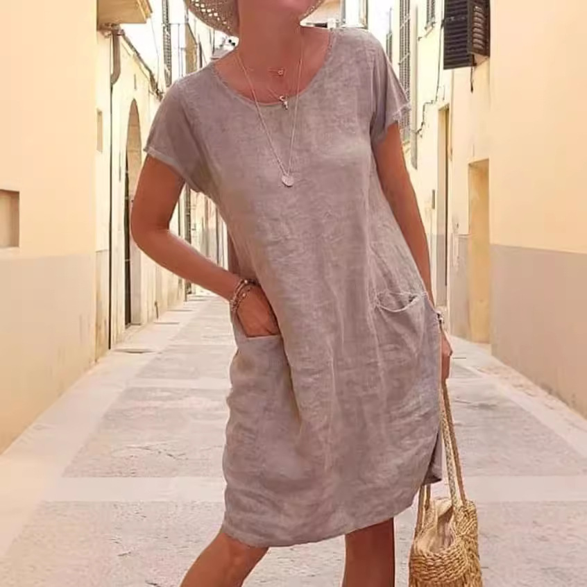 Women's Summer Loose Solid Color Cotton Linen Short Sleeve Round Neck Pocket Dress