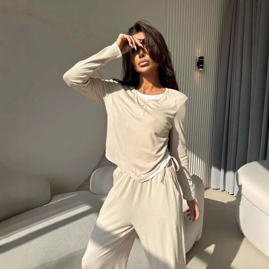 Women's Solid Color Two-Piece Set with Faux-Layer Top and Tie-Waist Pants