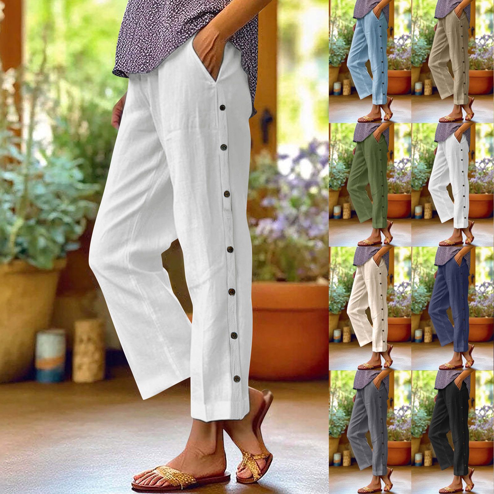 Women's Cotton-Linen Cropped Pants High Waist Loose Side Pocket