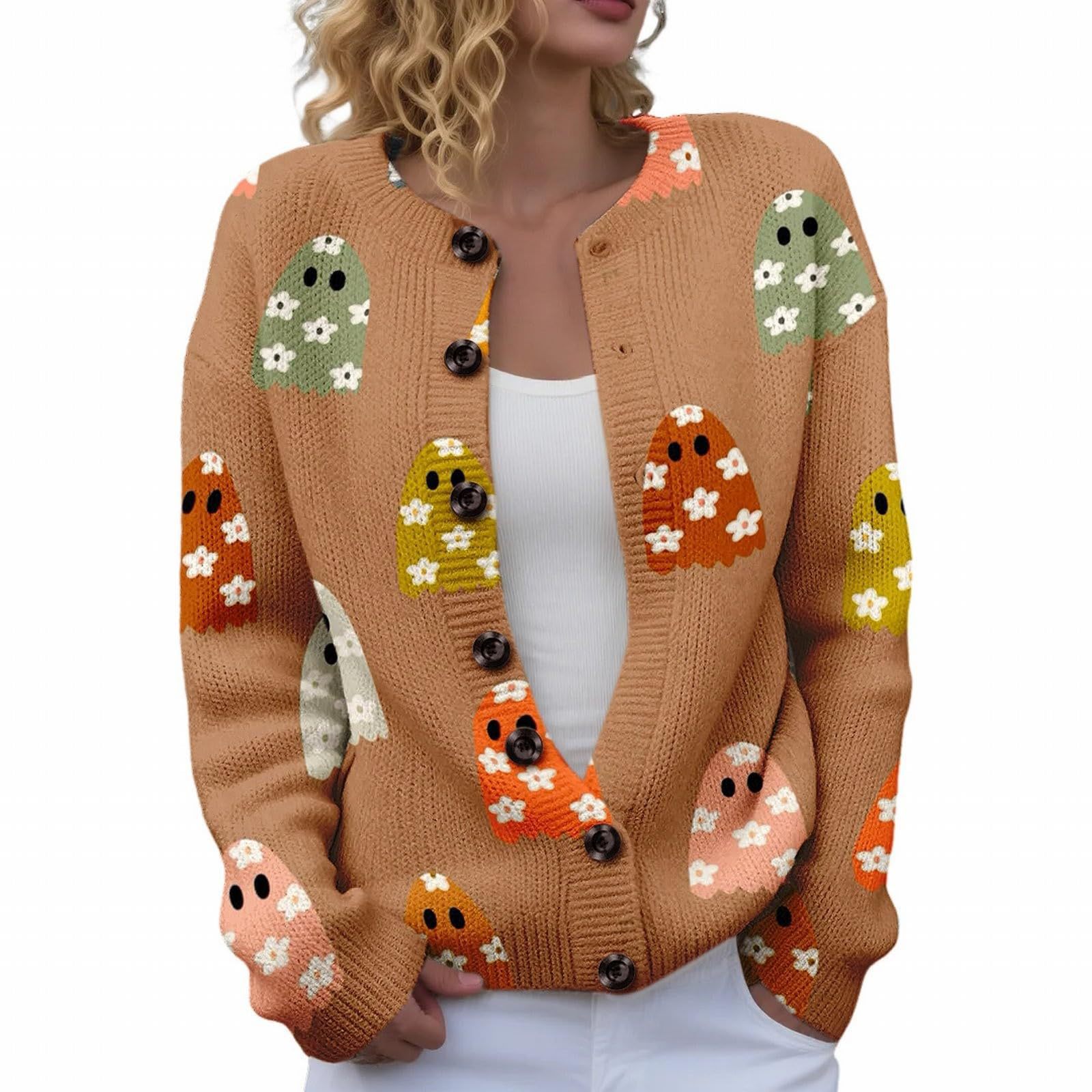 Women's Halloween Ghost Pumpkin Print Button Cardigan Sweater