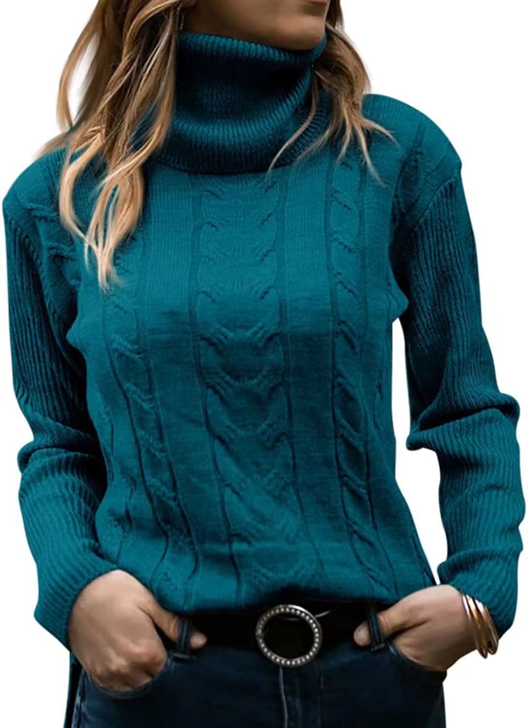 Women's Solid Turtleneck Knit Sweater Long Sleeve Pullover