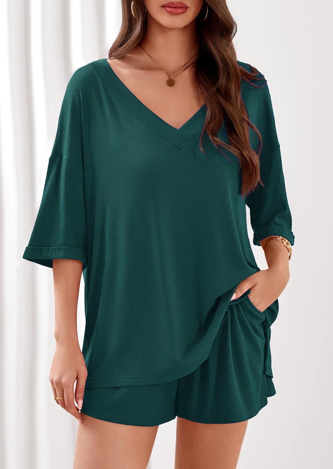 Women's Two-Piece Loose V-Neck Half-Sleeve Top and Shorts Casual Set