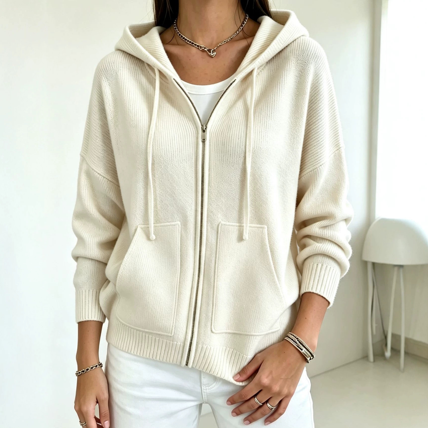 Women's Solid Hooded Zip-Up Knit Cardigan Loose Fit
