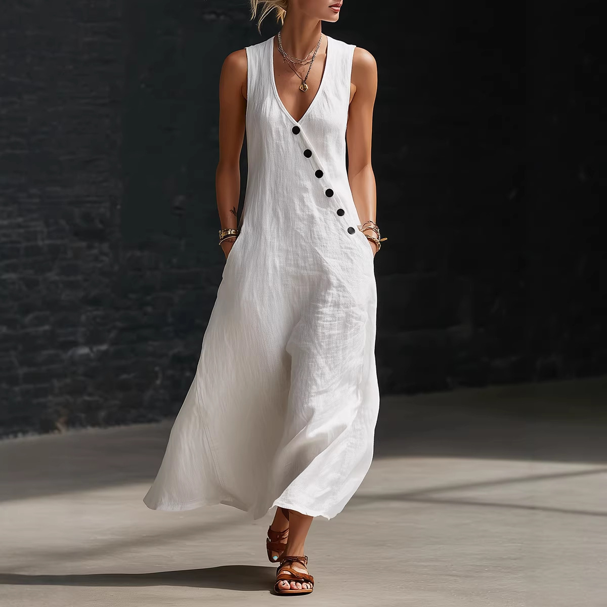 V-Neck Button-Front Cotton-Linen Sleeveless Maxi Dress