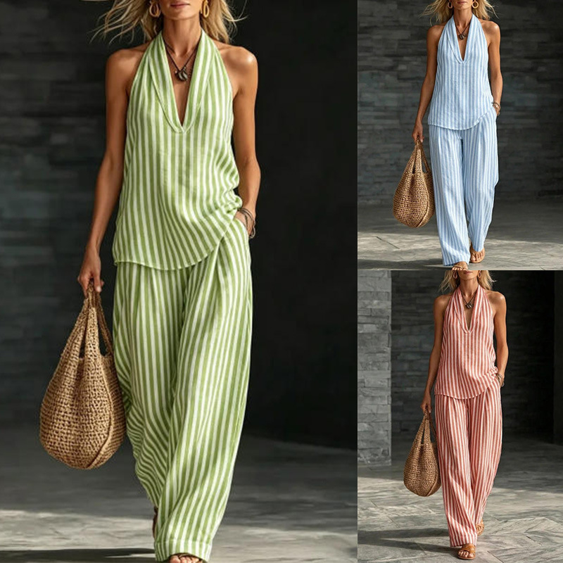 Striped Linen V-Neck Sleeveless Top & Wide-Leg Pants Set