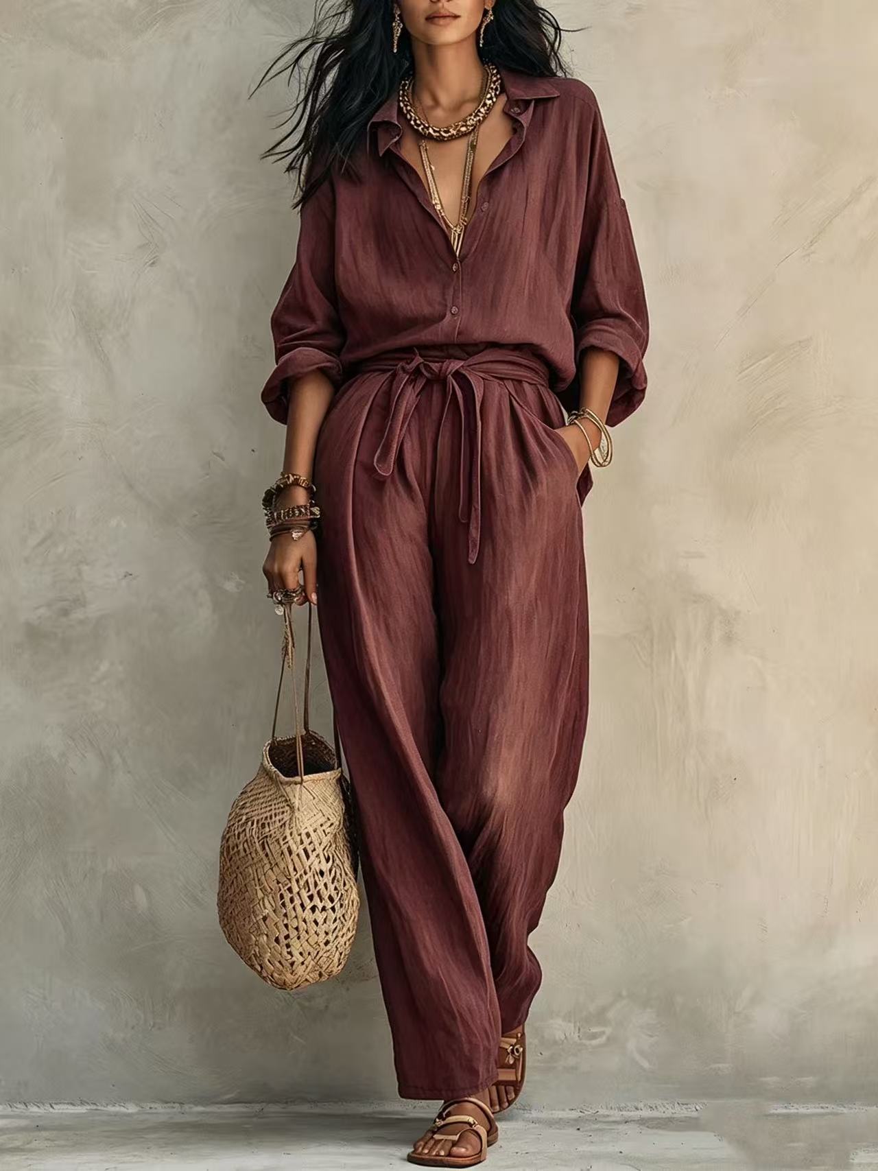 Textured Crinkle Wide-Leg Shirt and Pants Set with Tie