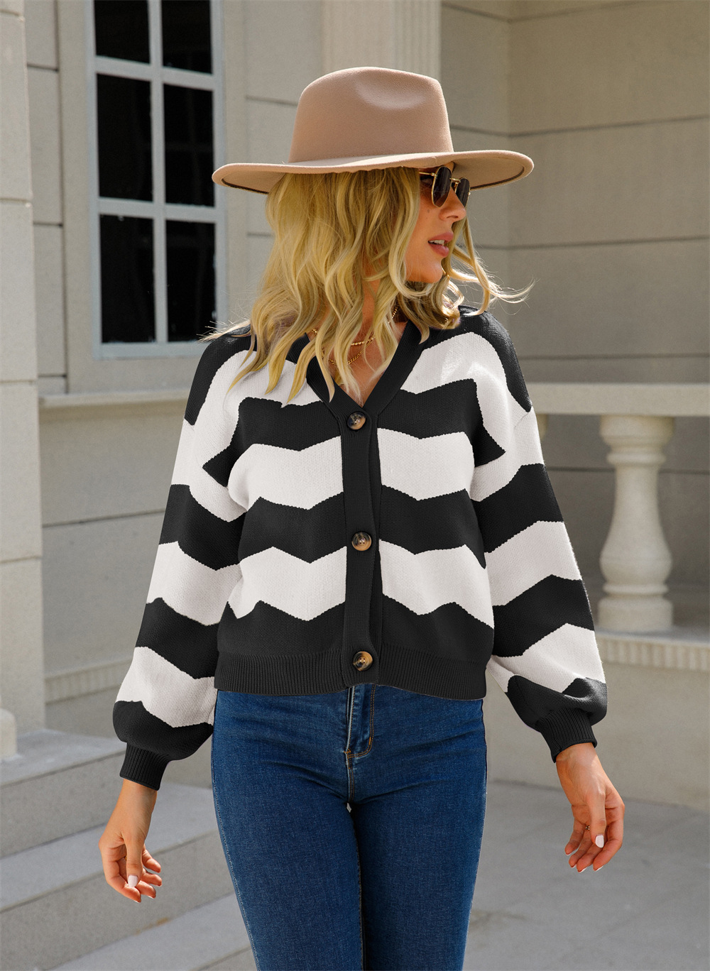 V-Neck Cropped Knit Cardigan with Spliced Design
