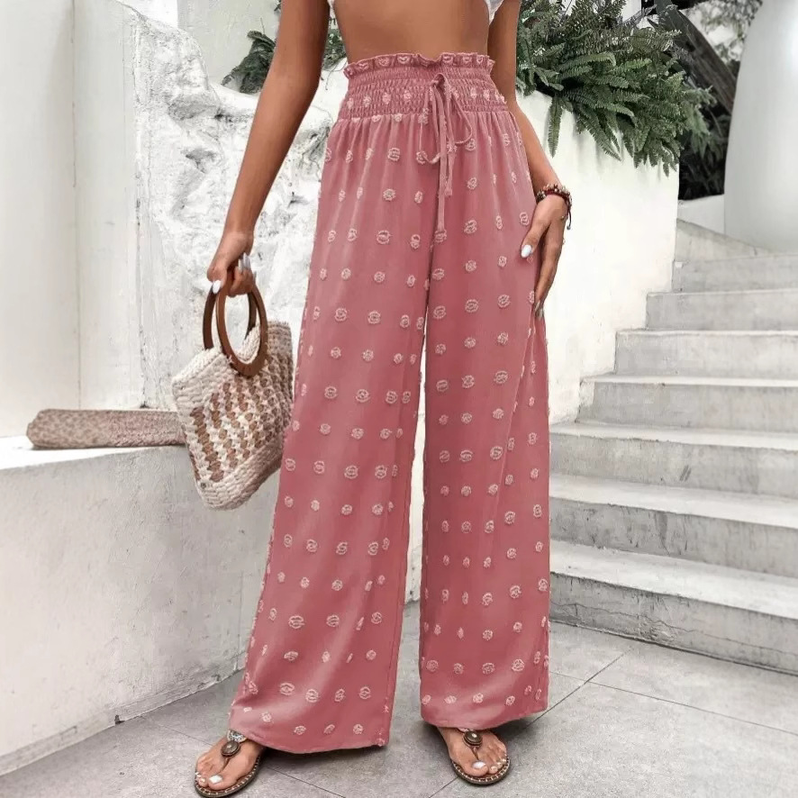 Black Jacquard Wide-Leg Pants High Waist Drawstring Loose Casual