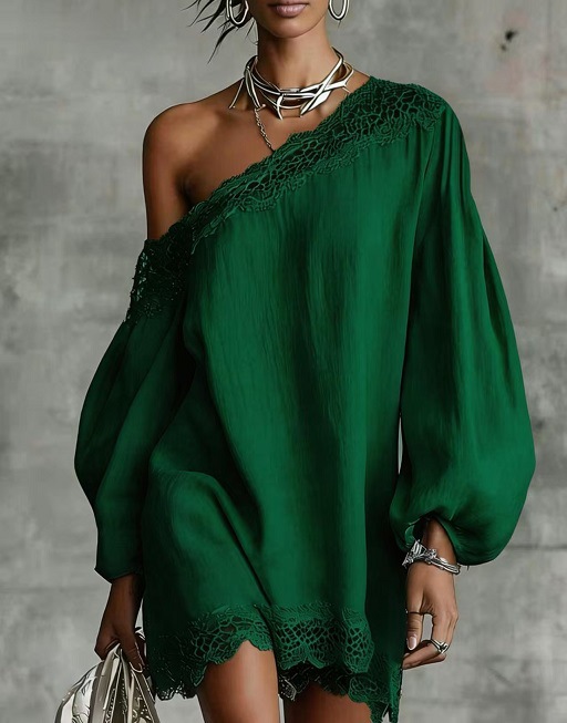 Women's Summer One-Shoulder Lace Trim Short Sleeve Casual Dress