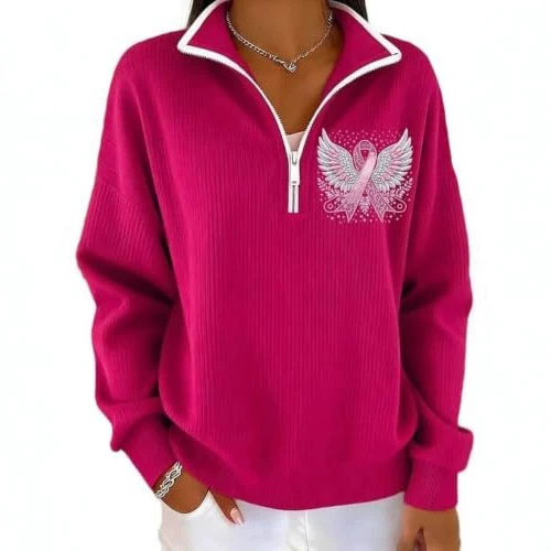 Wing Ribbon Print Half-Zip Stand Collar Hoodie