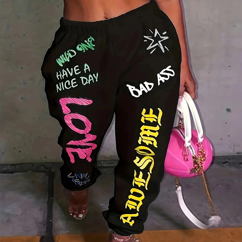 Women's Printed Elastic Waist Harem Pants Casual Lounge Trousers