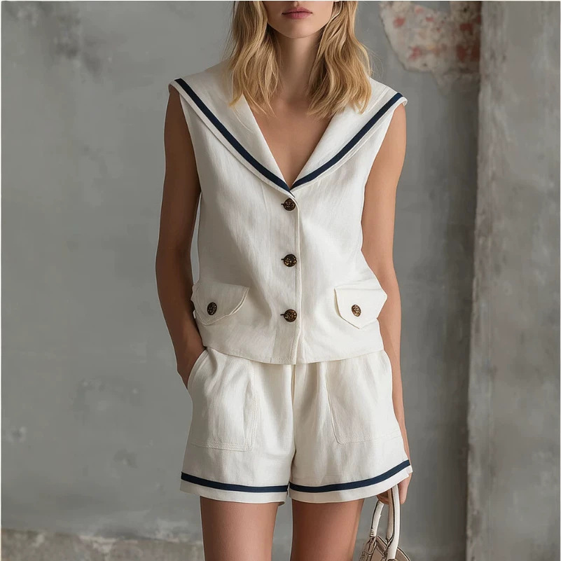 Women's Casual Colorblock Ribbon Shirt and Shorts Set