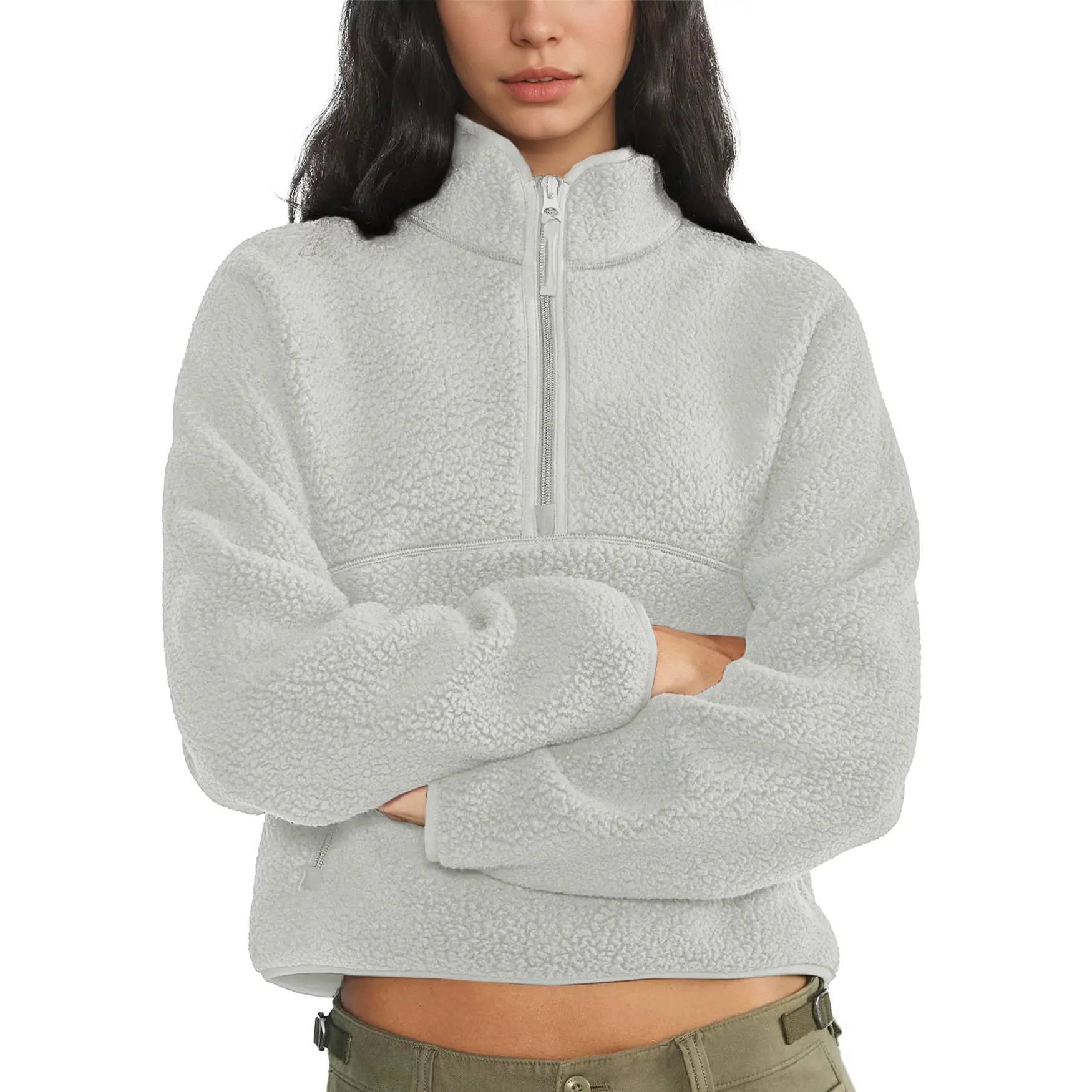 Women's Retro Fleece Half-Zip Pullover Sweatshirt Solid Stand Collar