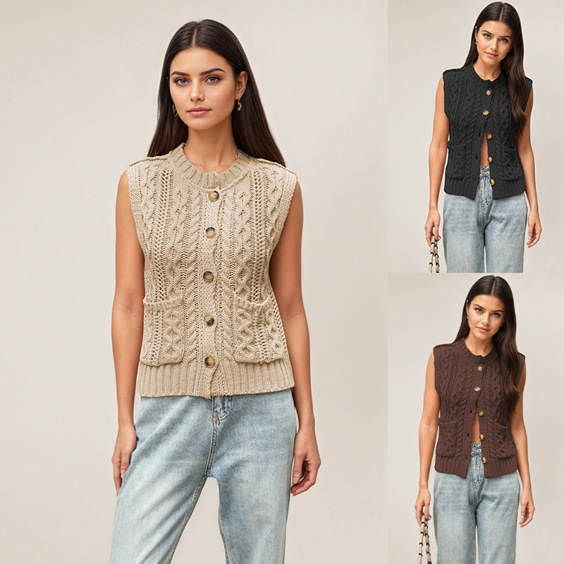 Women's Sleeveless Round Neck Pocket Knit Cardigan Vest
