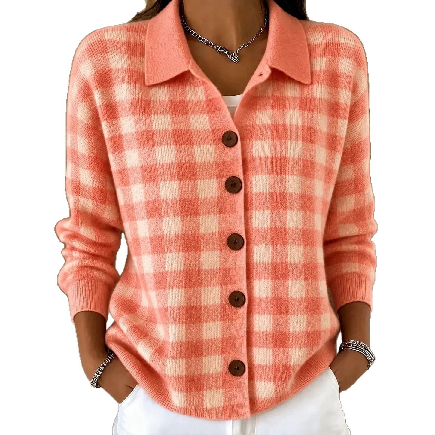 Women's Loose Plaid Long Sleeve Collared Cardigan Sweater