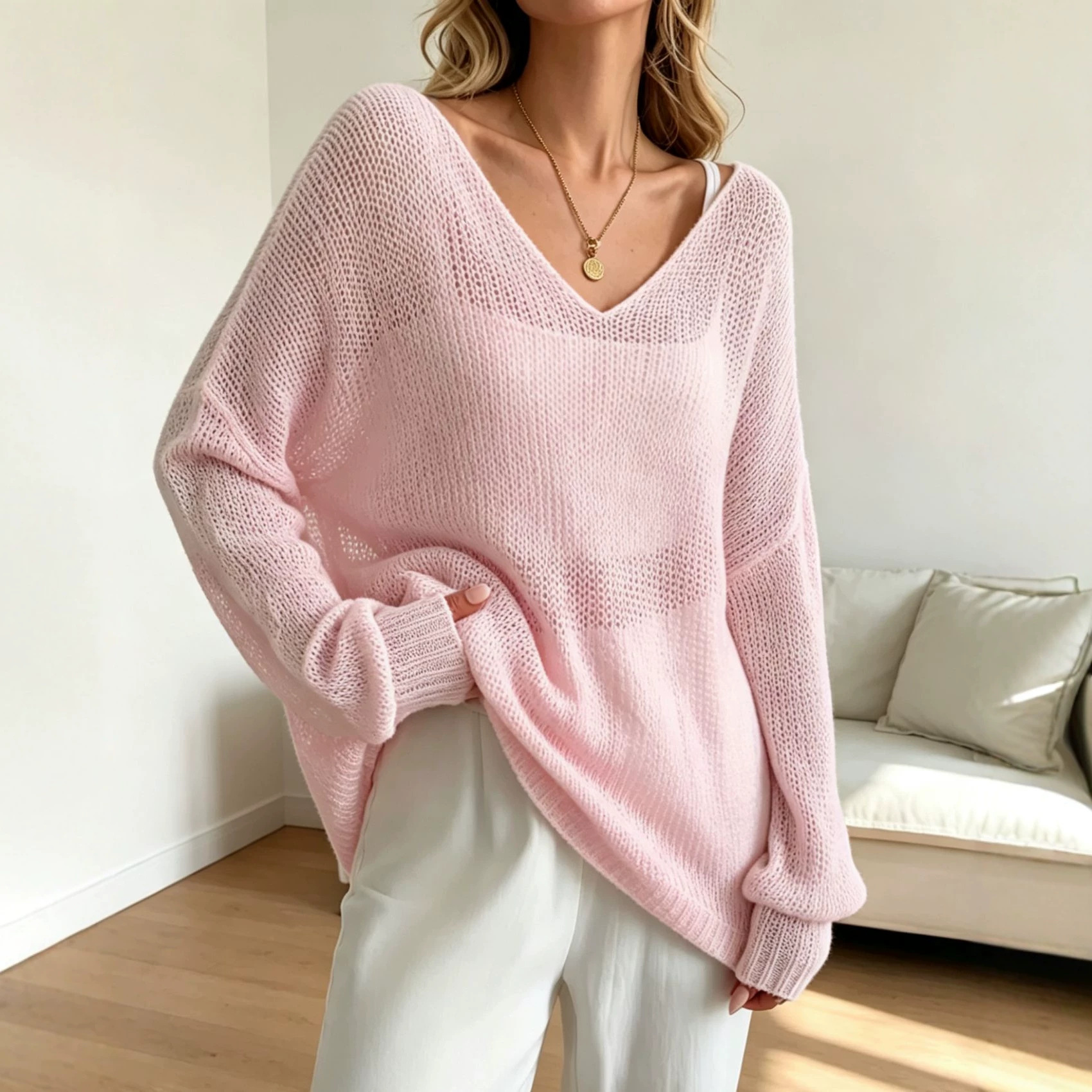 Women's Open Knit V-Neck Bell Sleeve Top