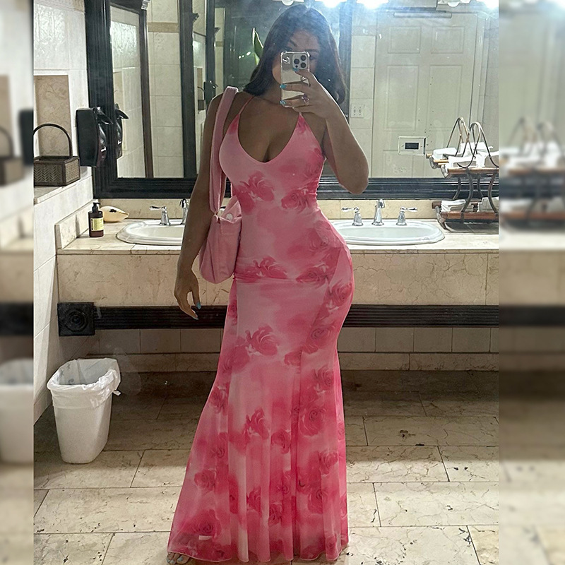 Floral Print Open-Back Cami Mermaid Maxi Dress