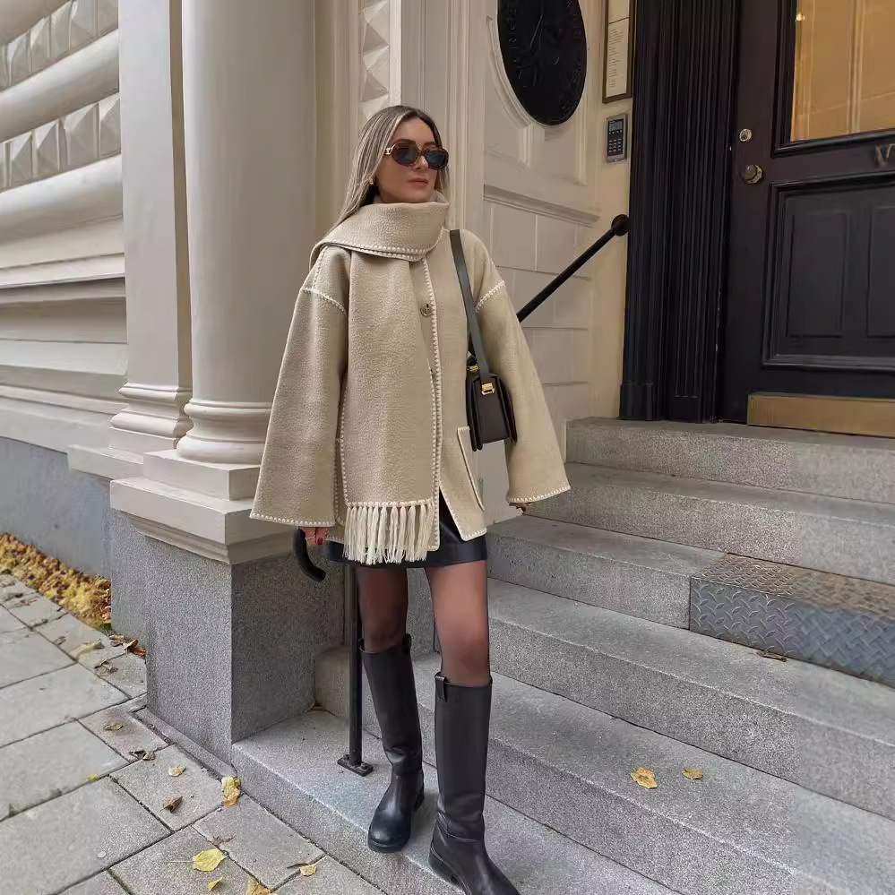 Women's Fringe Wool-Blend Coat with Scarf, Loose Fit