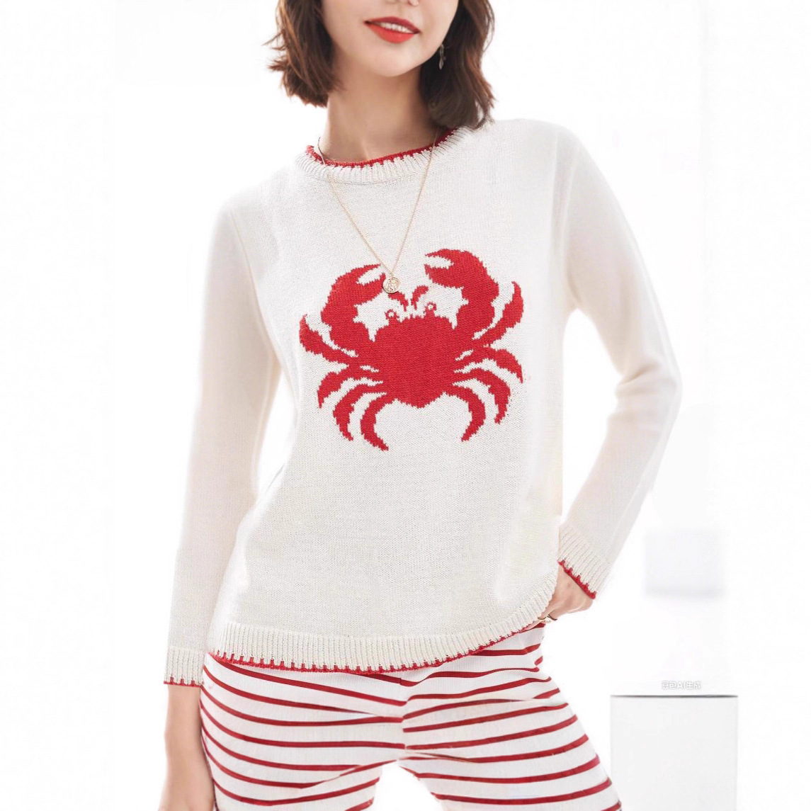 Women's Animal Pattern Colorblock Crewneck Pullover Knit Sweater