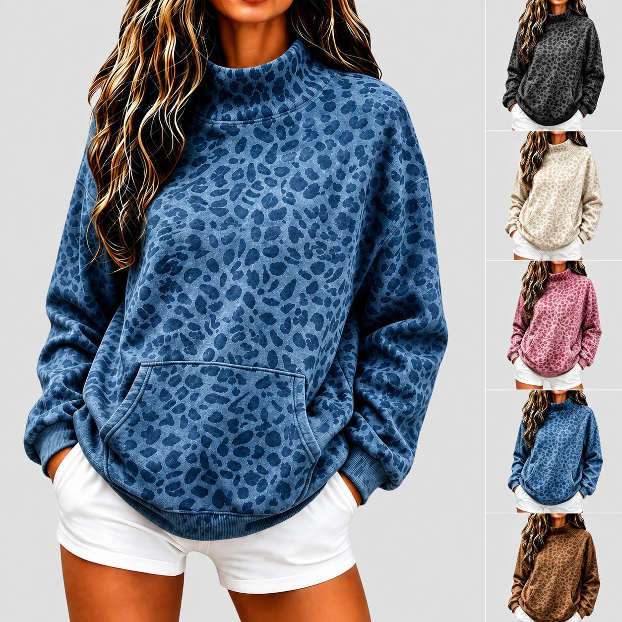 Women's Leopard Print Turtleneck Sweatshirt Loose Fit Long Sleeve
