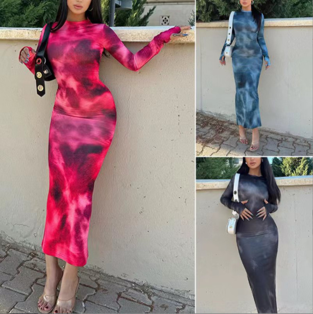 Tie-Dye Bodycon Long-Sleeve Midi Dress