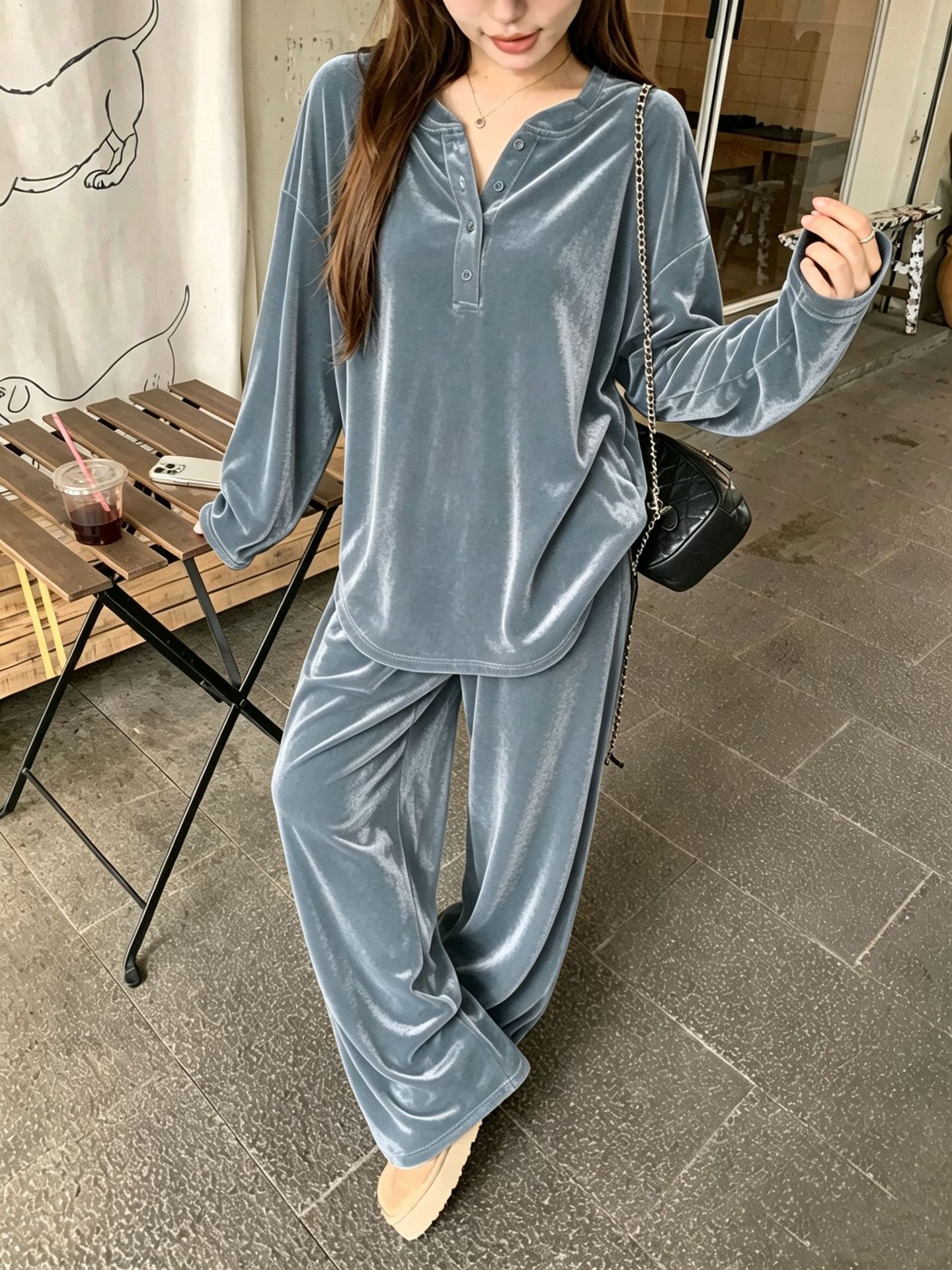 Solid Button Drawstring Loose Long-Sleeve Women's Pants Set