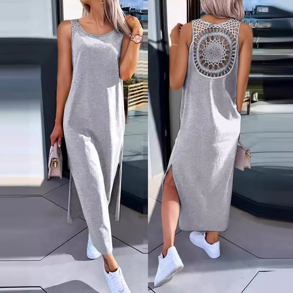 Solid Color Lace Hollow Out Slit Sleeveless Dress