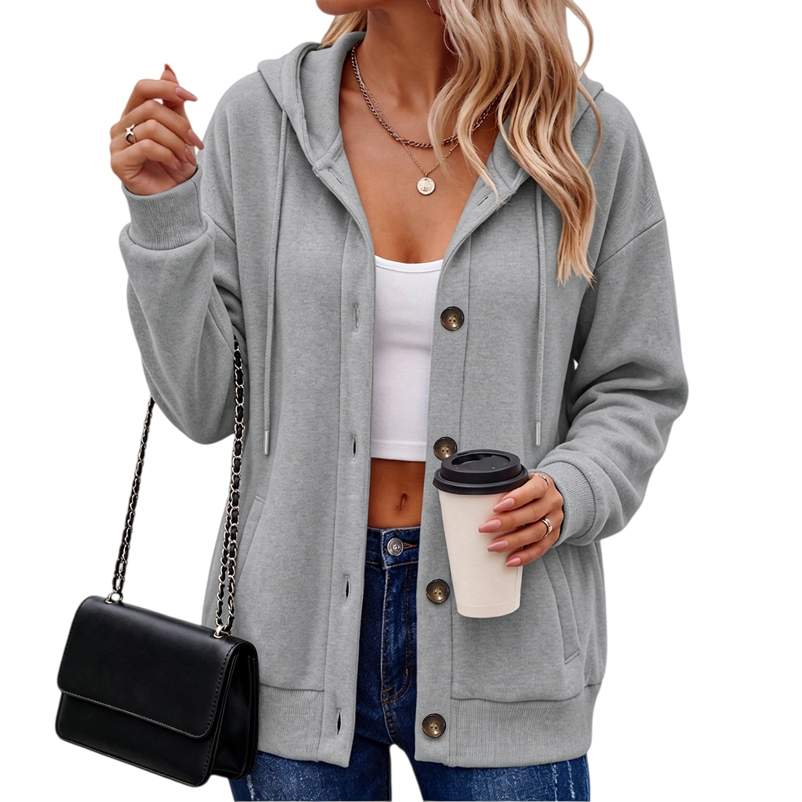 Women's Solid Color Button Hooded Jacket Casual