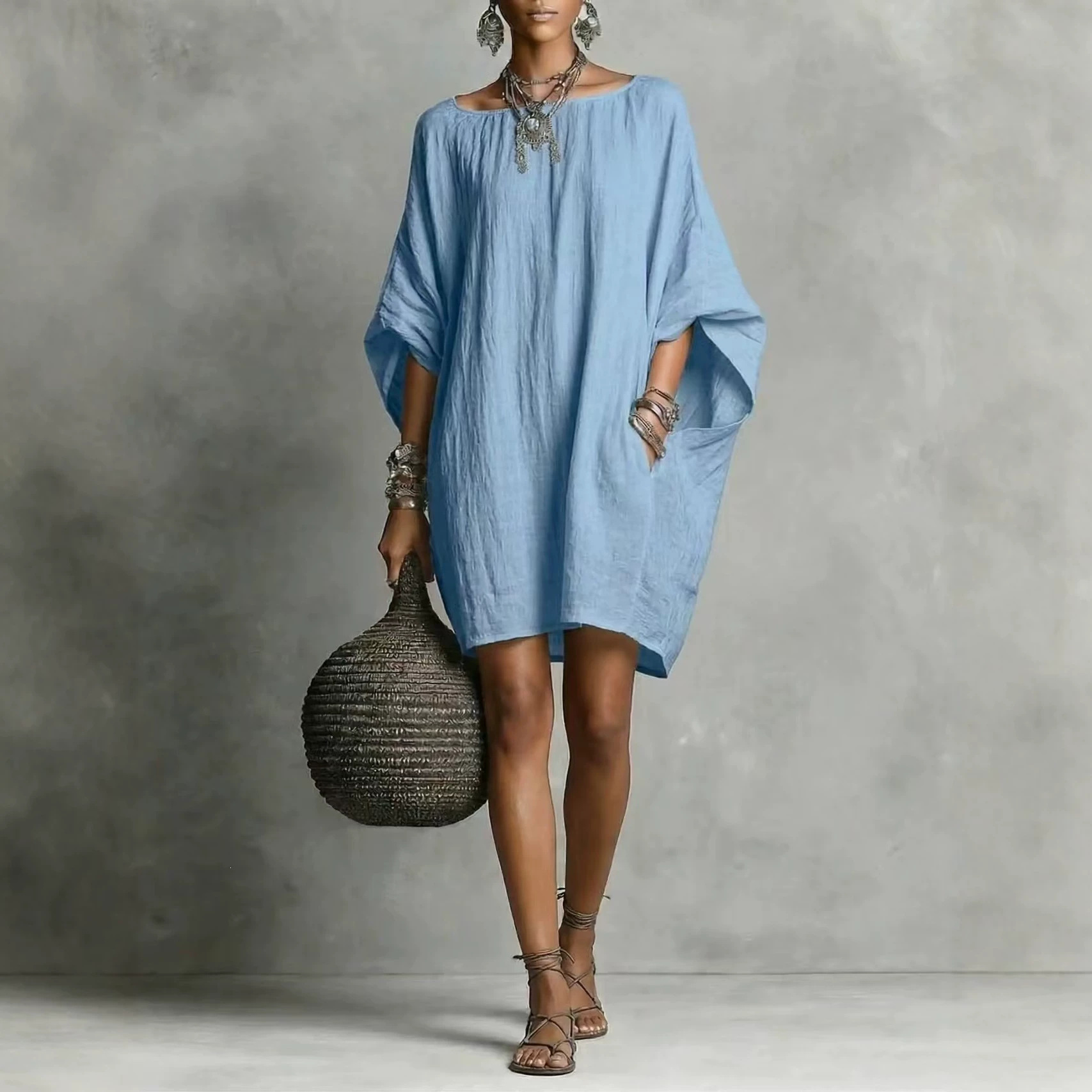 Women's Casual Loose Batwing Sleeve Midi Dress Faux Cotton Linen Pleated