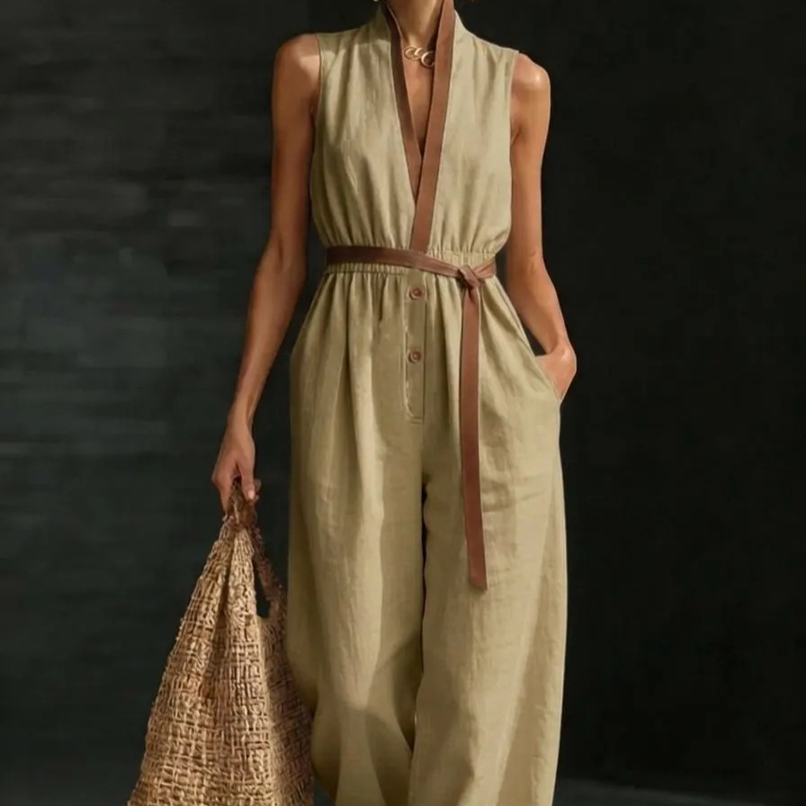 Sleeveless V-Neck Jumpsuit Women's Casual Straight-Leg