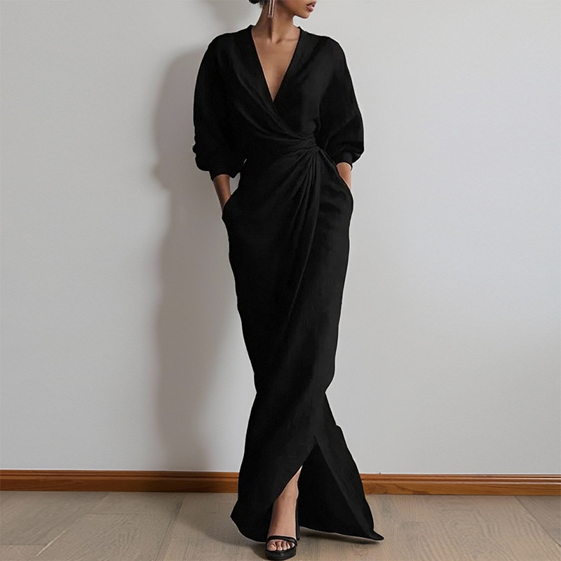 Women's Elegant Solid Cross V-Neck Long Sleeve Slim Waist Midi Dress