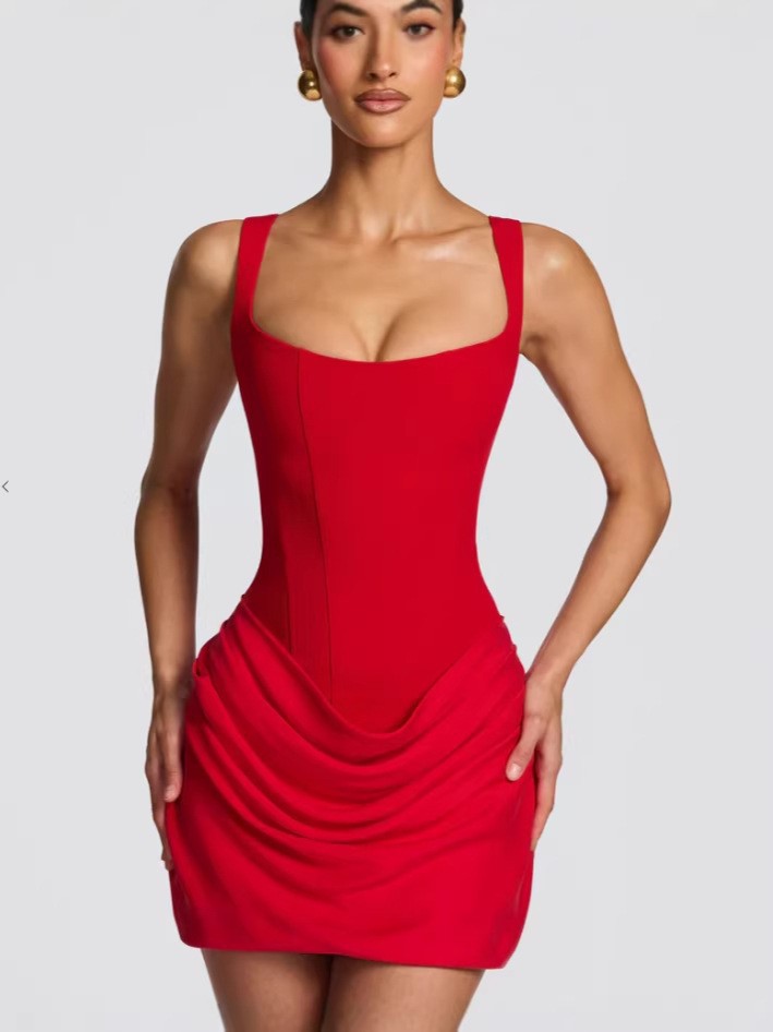 Women's Sleeveless Square Neck Bodycon Mini Dress with Waist Tie
