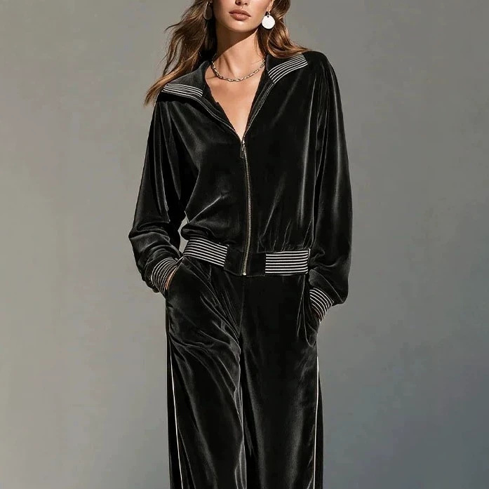 Black Velvet Striped Two-Piece Set with Collared Zip Jacket and High-Waist Wide-Leg Pants