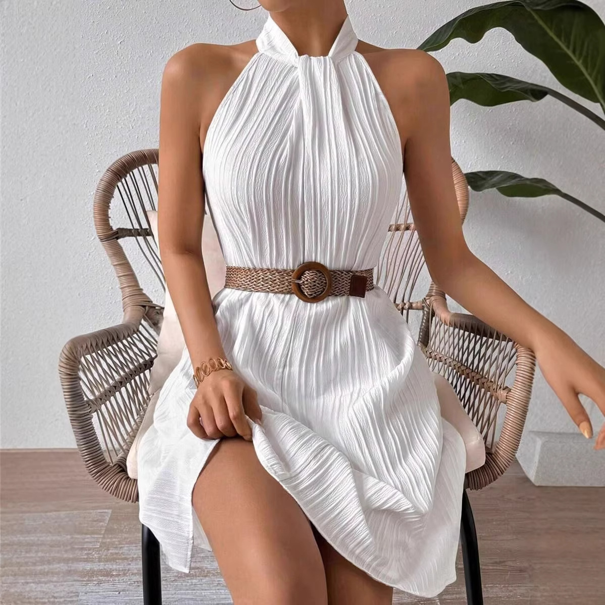 Women's Halter Neck Pleated Cross Short Dress